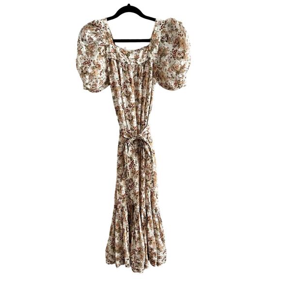 Doen Mariposa Floral Puff Sleeve Midi Dress Canyon Tan - Picture 2 of 5